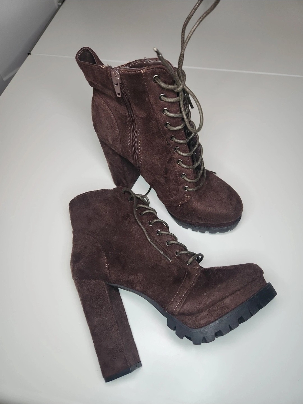 Fashion Nova Brown Suede Lace-Up Chunky Heel Ankle Booties